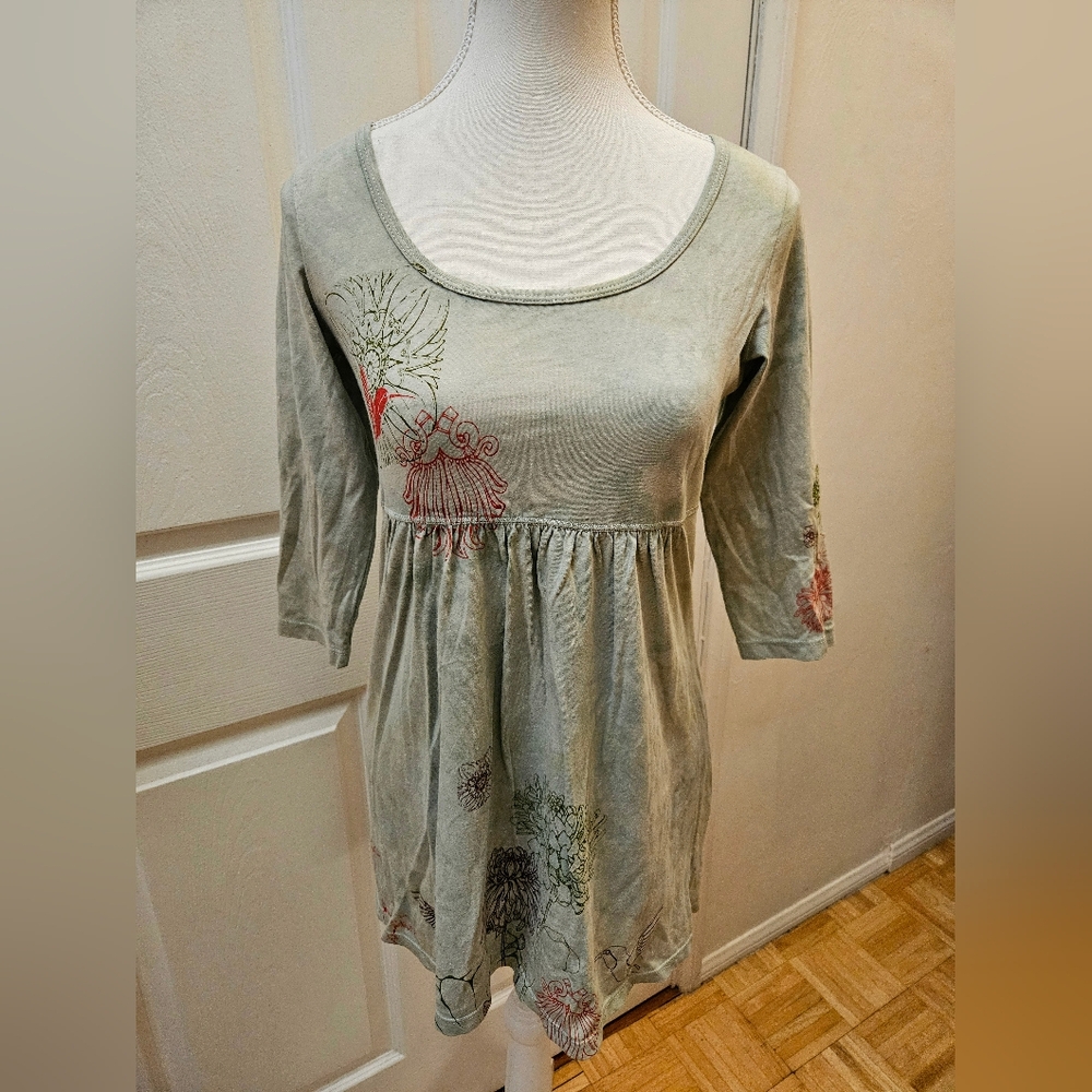 NEW Vintage Y2K GLIMA Green Red Bird Print Floral Cotton Tunic Blouse Top S